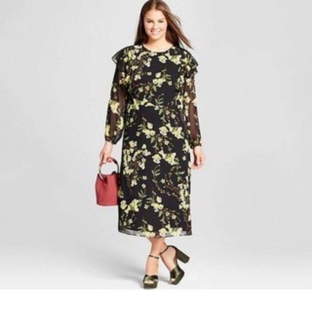 'Who What Wear'  Black Floral Ruffle Midi Dress